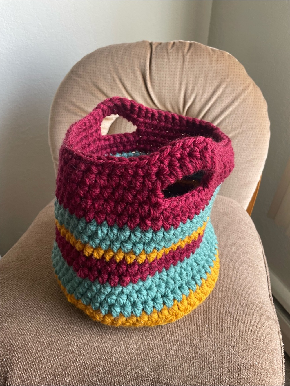 Handmade Crocheted Knit Maroon Yellow Teal Woven Basket